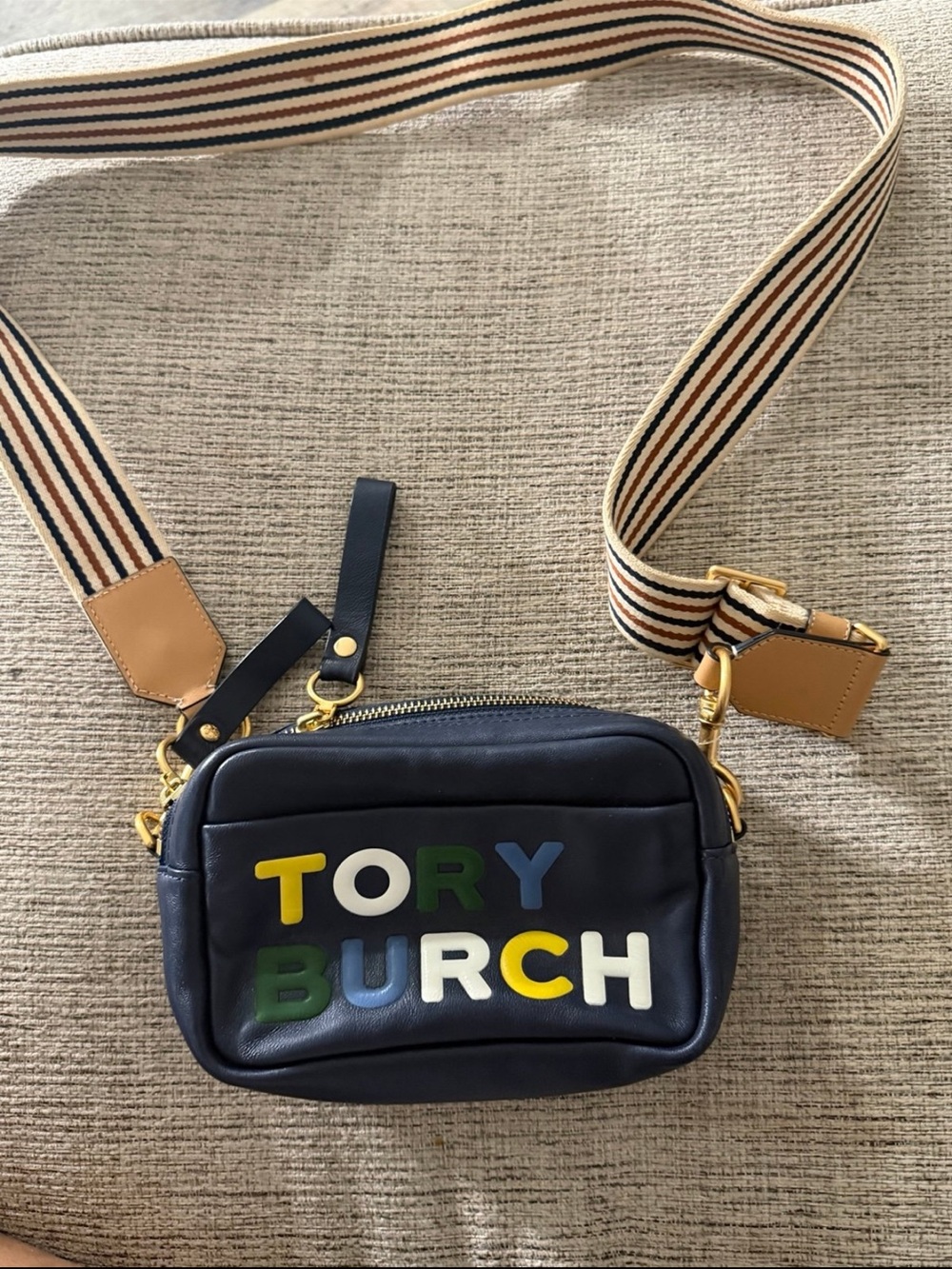 Tory Burch Navy Leather logo patch Belt Bag with Striped Strap